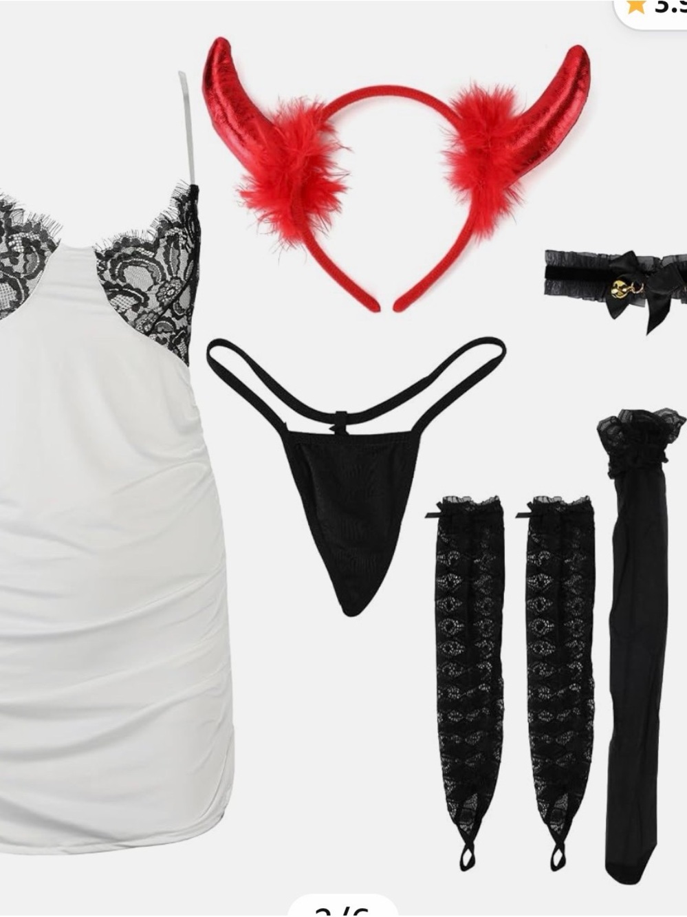 Lingerie SET!! Lace-Trim Slip Dress in White with All accessories and Devil horn